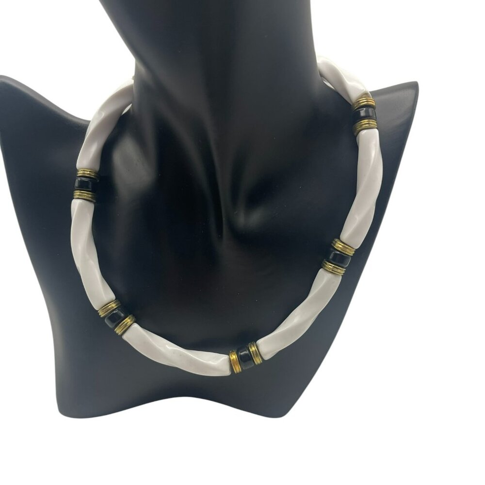 **Vintage White Twisted Rod Beads with Gold Tone and Black Spacer Beads Necklace